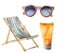 Watercolor beach suntan vacation set. Hand drawn summer objects: sunglasses, beach chair and sunblock or suntan cream.