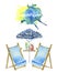 Watercolor beach umbrella, sunbeds and cocktails illustration