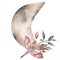Watercolor beautiful crescent illustration with leaves and moth. Moon, bouquet of leaves and moth. contemporary art in soft