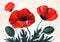 Watercolor beautiful drawing of vivid scarlet poppy flowers on tender light brush stroke backdrop. Hand drawn summer