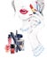 Watercolor beautiful face. woman portrait with lipstick.