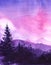 Watercolor beautiful landscape of dark silhouettes of forest and mountains against background of gentle sunset sky of