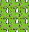 Watercolor beautiful seamless pattern with penguins, hearts, berries and leafs