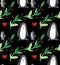 Watercolor beautiful seamless pattern with penguins, hearts, berries and leafs