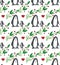 Watercolor beautiful seamless pattern with penguins, hearts, berries and leafs