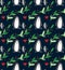 Watercolor beautiful seamless pattern with penguins, hearts, berries and leafs