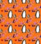 Watercolor beautiful seamless pattern with penguins, hearts, berries and leafs