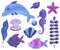 Watercolor beautiful set of illustrations Maritime fairy tale characters collection Underwater landscape corals starfish shells pe