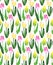 Watercolor beautiful tiny seamless pink yellow tulip flower pattern. Endless print for textile, clothes, fashion, linens, dress,