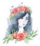 Watercolor beauty girl with dark hair and floral wreath, red and indigo peony flowers