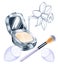 watercolor beauty set of decorative cosmetic products, powder with mirror, cosmetic brush, cosmetic sponge with grey