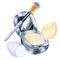 watercolor beauty set of decorative cosmetic products, powder with mirror, cosmetic brush, cosmetic sponge isolated on