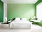 Watercolor of bedroom with white green color featuring wallpaper space for