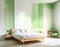 Watercolor of bedroom with white green color featuring wallpaper space for