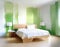 Watercolor of bedroom with white green color featuring wallpaper space for