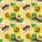 Watercolor bees, flowers and honeycombs seamless pattern