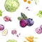 Watercolor beetroot soup ingredients isolated seamless pattern.