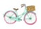 Watercolor bike. Element of greeting card. Tiffany color bicycle. Spring, travel, helth lifestyle.