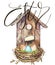 Watercolor birdhouse with bird nest with eggs. Word - Easter. Hand painted nesting box isolated on white background