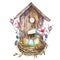 Watercolor birdhouse with Spring flowers, eggs. Hand painted nesting box isolated on white background. Easter design