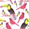 Watercolor birds in tetrad color scheme seamless watercolor background-green, yellow, red, blue