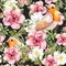 Watercolor birds and watercolor flowers . Seamless floral pattern.