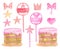 Watercolor Birthday cake creator. Cute biscuit cake with pink glaze, toppers, stars, bows, crowns. Hand drawn kids party