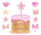 Watercolor Birthday cake set. Cute biscuit cake with pink glaze, star topper, bows and crowns. Hand drawn kids party dessert