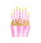 Watercolor Birthday cake with seven candles. Hand drawn cute biscuit cupcake in pink paper liner. Dessert ilustration
