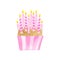 Watercolor Birthday cake with ten candles. Hand painted cute biscuit cupcake in pink striped paper wrapper isolated on white
