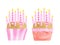Watercolor Birthday cakes with eight candles. Hand drawn cute biscuit cupcakes in pink paper liners. Dessert ilustration