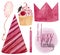 Watercolor birthday collection, cupcake with cherry, bithday hat, balloon, candle, raster lettering in pink colors