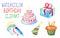Watercolor birthday decor on white background. Birthday cake with candles.