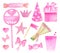 Watercolor Birthday party set. Hand drawn bright pink party hat, paper cup, cake topper, kid crown, flower bouquet, flag, hearts