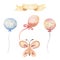 Watercolor birthday party set.Holidays elements - ribbons,frames,multicolored balloons, butterfly.cute nursery illustration