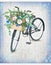 Watercolor Black Bicycle With Beautiful Flower Basket. Hand drawn Summer Bike