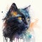 Watercolor black cat portrait, colorful painting. Realistic pet, animal illustration. Created with Generative AI technology