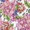 Watercolor blooming pink hydrangea seamless pattern, leaves, buds, blue berries. Natural botanical floral texture