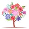 Watercolor blossom tree with abstract colorful flowers and birds.