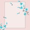 Watercolor blossoming spring branch with blue flowers on a pink background. Floral decoration. Birthday card.
