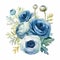 Watercolor Blue Anemone Bouquet On White Background