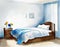 Watercolor of Blue bed with white bedding and Poster frame on Bedroom