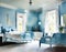 Watercolor of Blue bedroom interior adorned with chic furniture AI