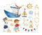 Watercolor blue boat with garlands, sailor boys, ahoy lettering and nautical elements