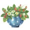 Watercolor blue bowl with wild strawberry leaves, flowers and berries