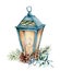 Watercolor blue Christmas lantern with decor. Hand painted lamp, candle, eucalyptus leaves and branch, silver bells, fir