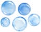 Watercolor blue circles. Hand drawn round shapes. Painted water bubbles