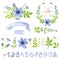 Watercolor blue daisy floral decor set with numbers