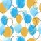 Watercolor blue and glittering gold balloons seamless pattern.