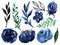 Watercolor Blue and green and black illustration Botanical flower leaves collection Set of wild and garden and abstract leaves